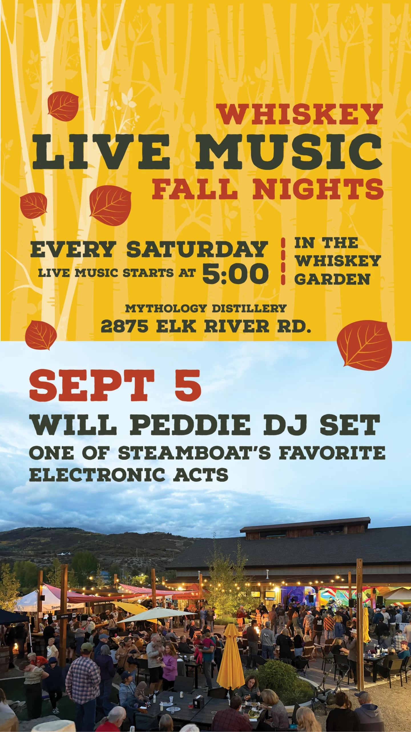 Will Peddie DJ set flyer, September 5 at Mythology Distillery Whiskey Garden